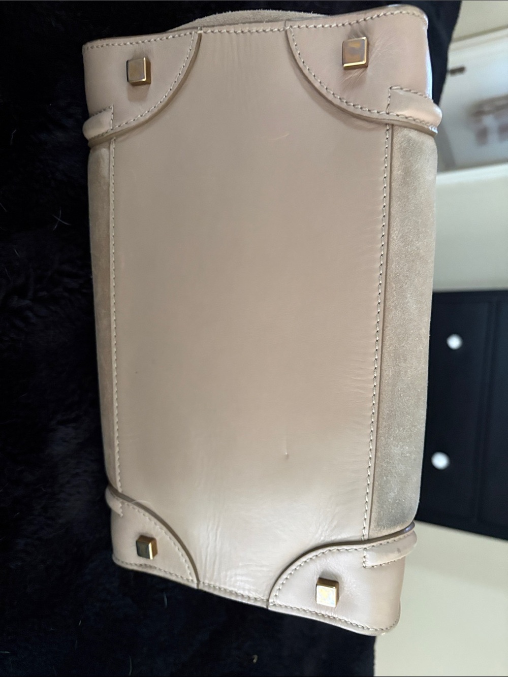 Beige large Luggage Tote - Beige Suede & Leather - Picture 3 of 8
